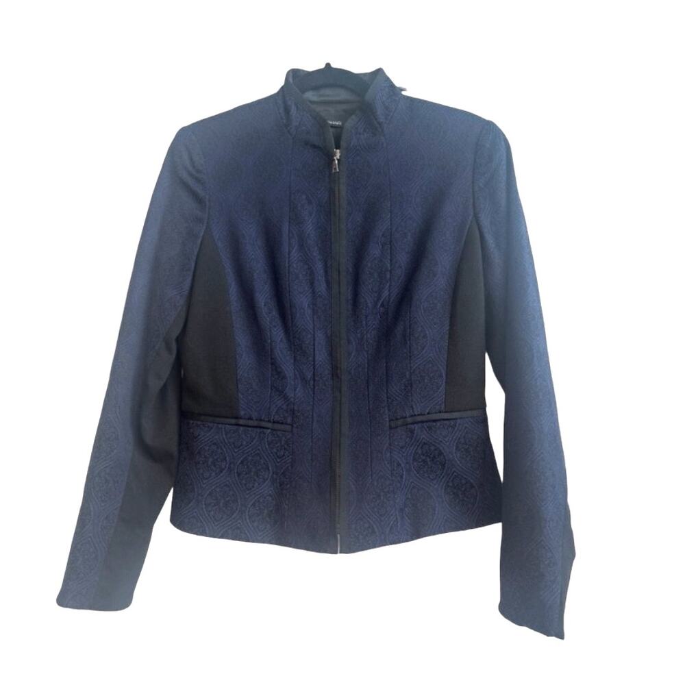 Tahari Black and Royal Blue Boho Print Zip Up Dress Jacket